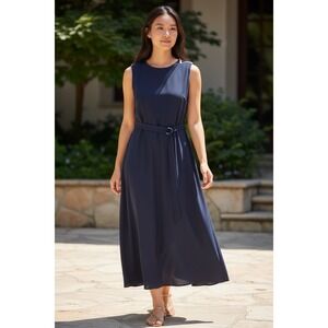 Michael Kors Navy Blue Belted Midi Dress Sleeveless Gold Shoulder Zip L